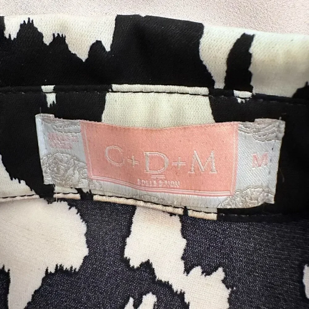 C+D+M Womens Button Down Long Sleeve Blouse Collared Relaxed Black White Medium